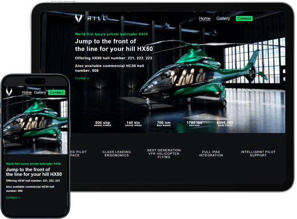 jumpthelinehillhelicopter.com website displayed on a phone and a tablet